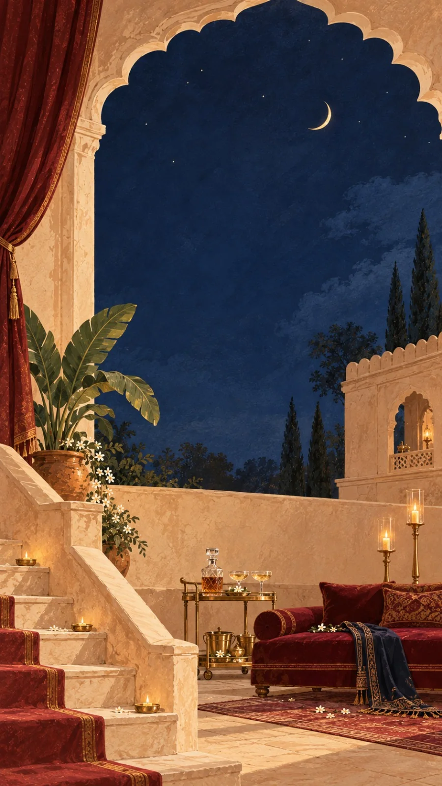 An evening terrace beneath a crescent moon framed by a scalloped arch: a crimson velvet sofa, a brass bar cart with a decanter and glasses, tall candles, and diyas glowing along the carpeted stairs.